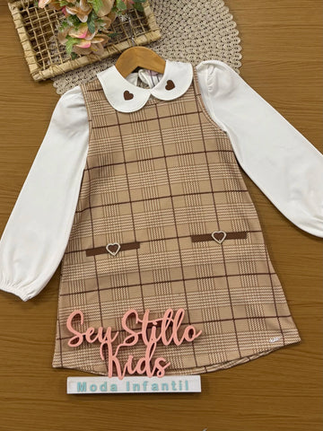 Vestido Infantil Kukiê Inverno Bege com Blusa Manga Longa Coração