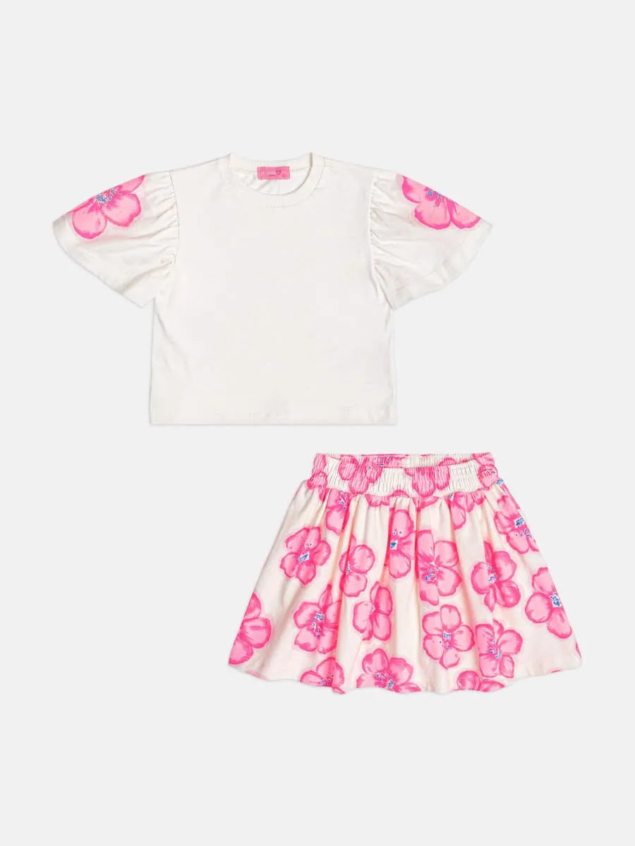 Conjunto Infantil Menina Momi Com Saia Floral e Blusa Branca
