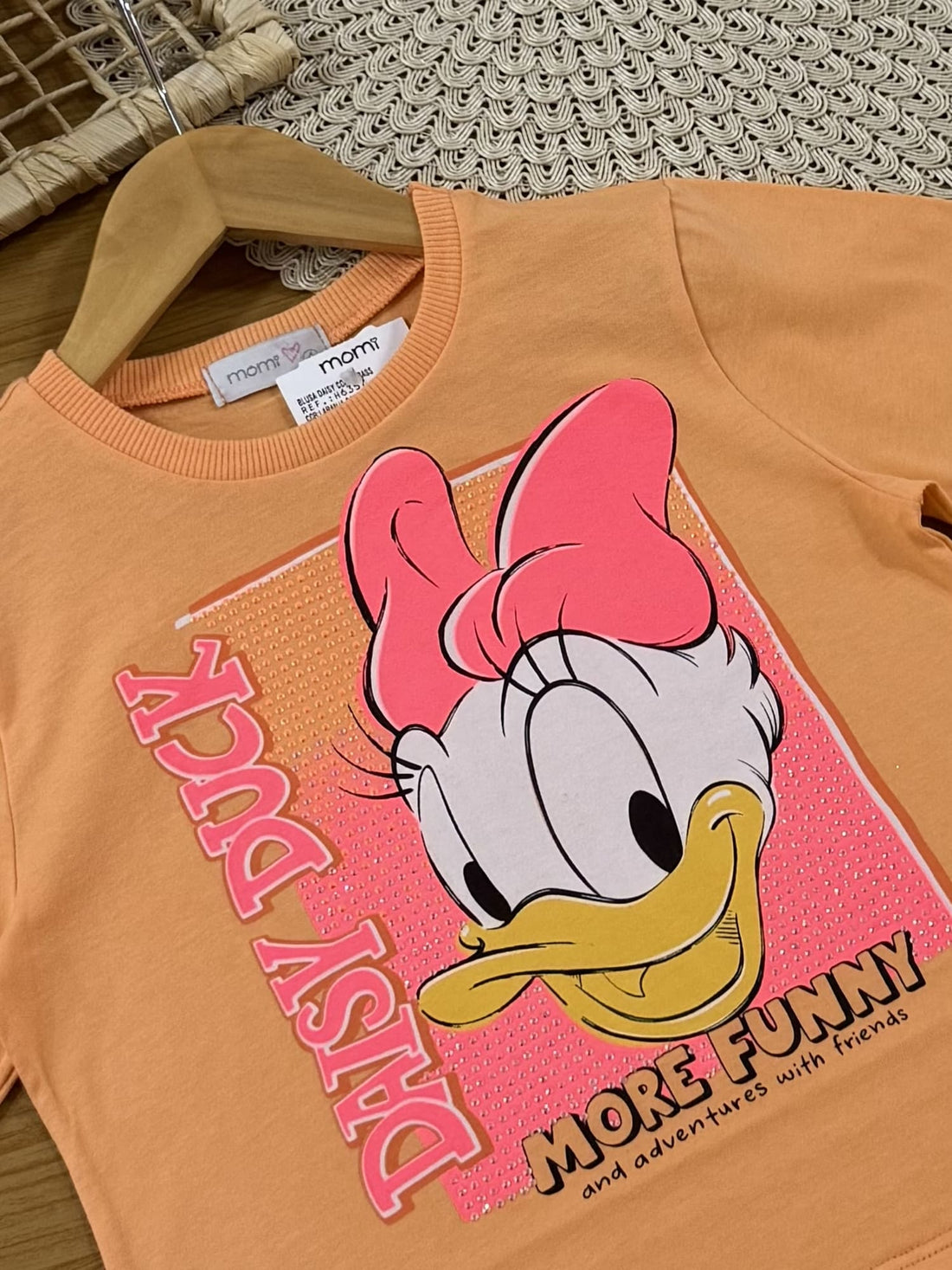 Blusa Infantil Momi Verão Laranja com Strass Daisy Duck Disney