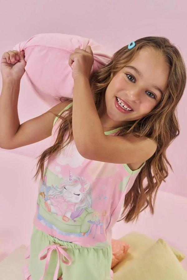 Pijama Infantil Kukiê Verão com Shorts Verde e Regata Rosa Unicórnio Hora de Dormir