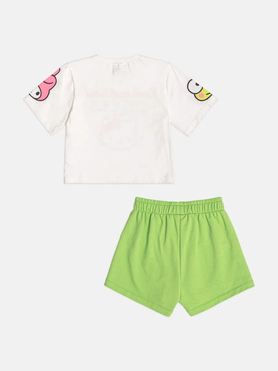 Conjunto Infantil Menina Momi com Shorts Verde e Blusa Branca Hello Kitty Strass