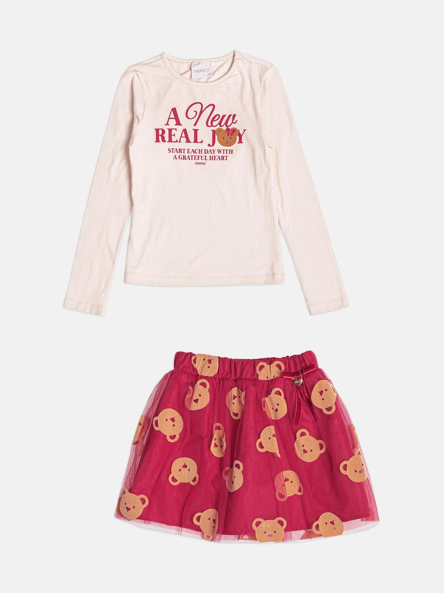 Conjunto Infantil Momi Inverno com Saia em Tule Vermelha e Blusa Manga Longa Ursinha Enjoy