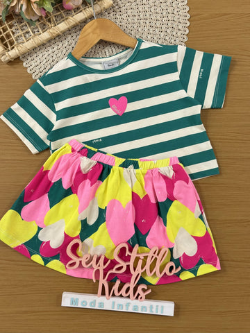 Conjunto Infantil Bimbi Inverno com Shorts e Blusa Verde Listrada