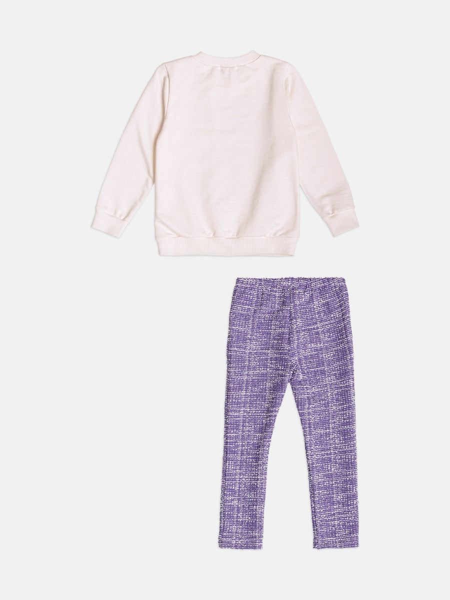 Conjunto Infantil Momi Inverno com Calça Lilás e Moletom sem Flanela Ursinha Coração