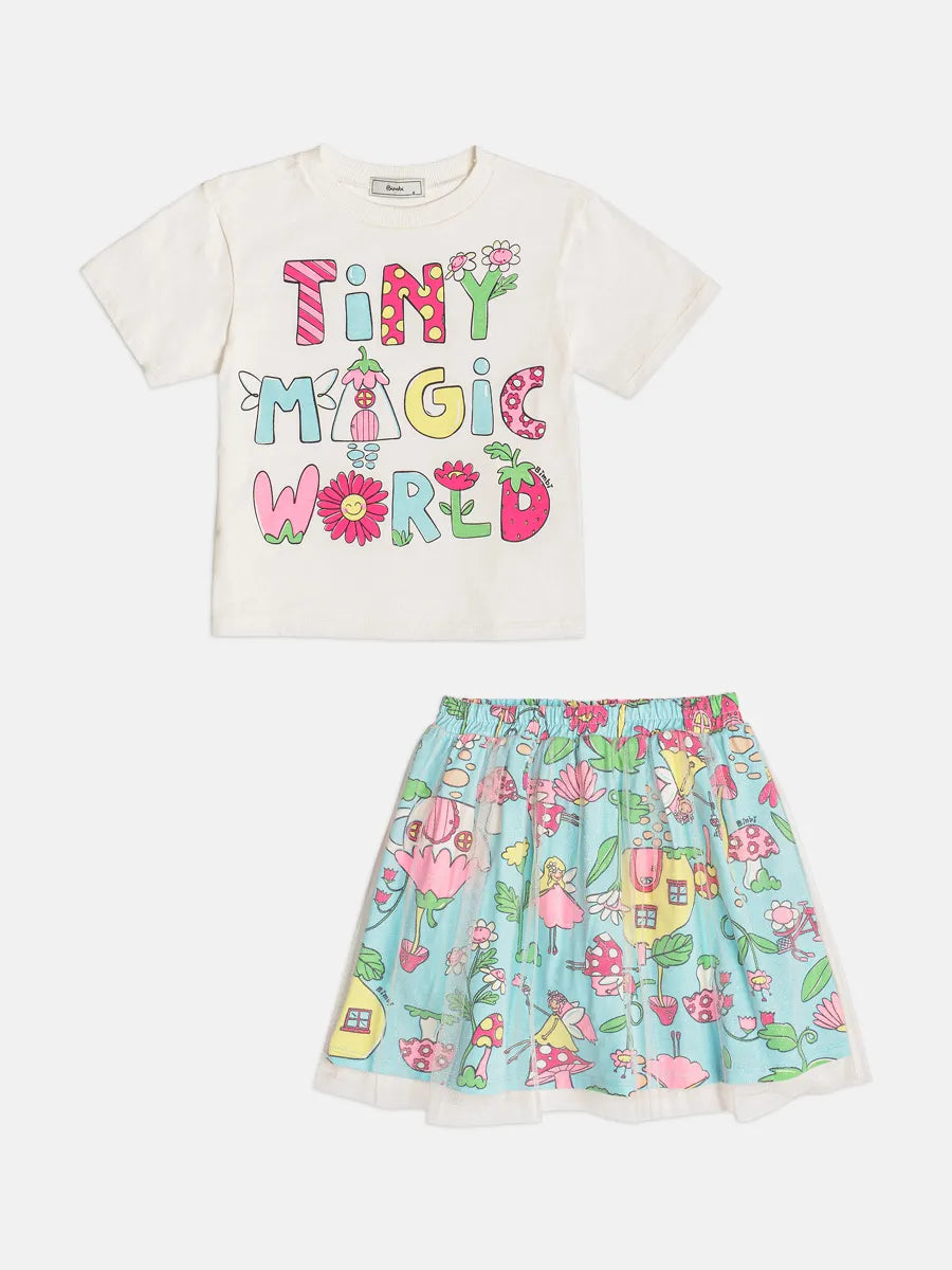 Conjunto Infantil Menina Bimbi Saia em Tule e Blusa Jardim das Fadas