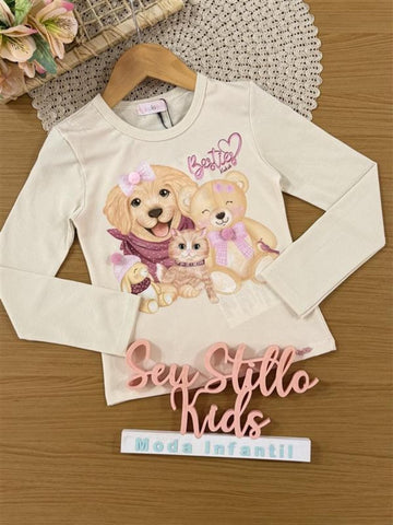 Blusa Infantil Kukiê Inverno Manga Longa Bege Animais Melhores Amigos