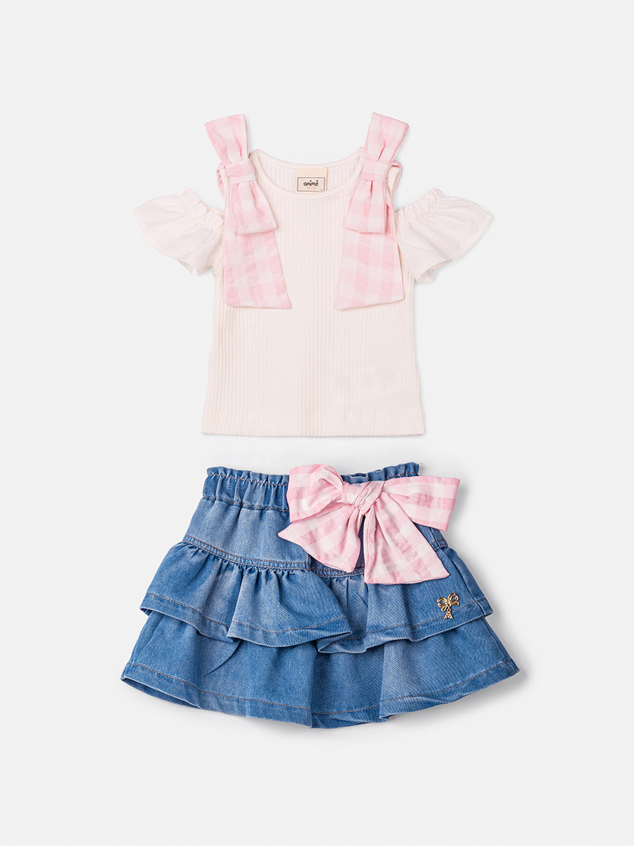 Conjunto Infantil Animê Verão Saia Jeans e Blusa Laços Rosas