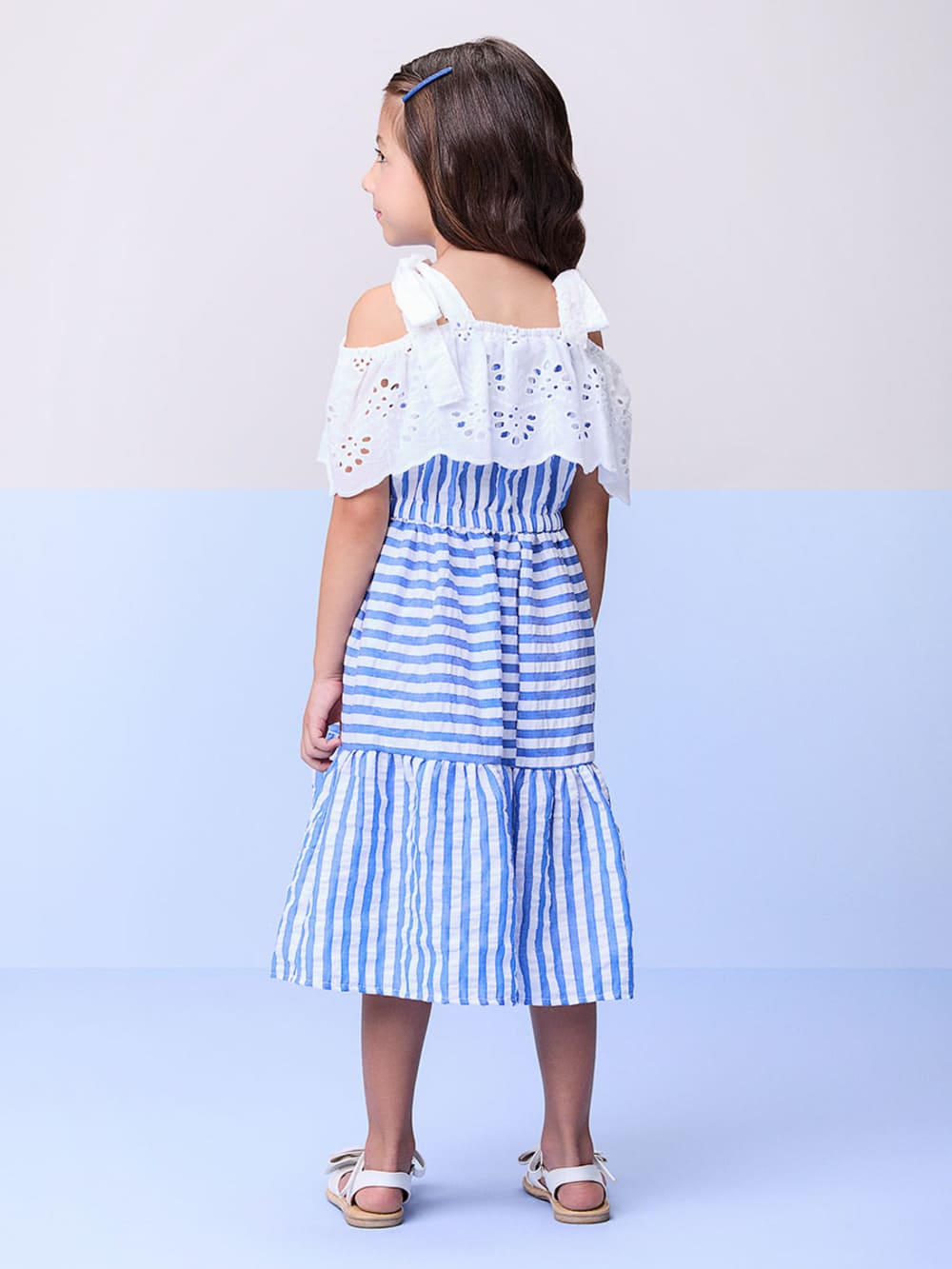 Vestido Infantil Momi Verão Azul Listrado com Babado Laise