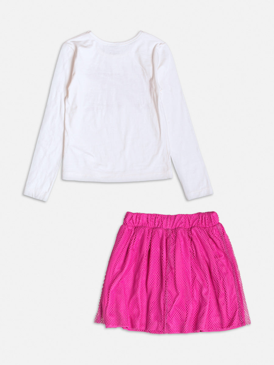 Conjunto Infantil Momi Inverno com Saia Rosa em Tela e Blusa Branca com Strass