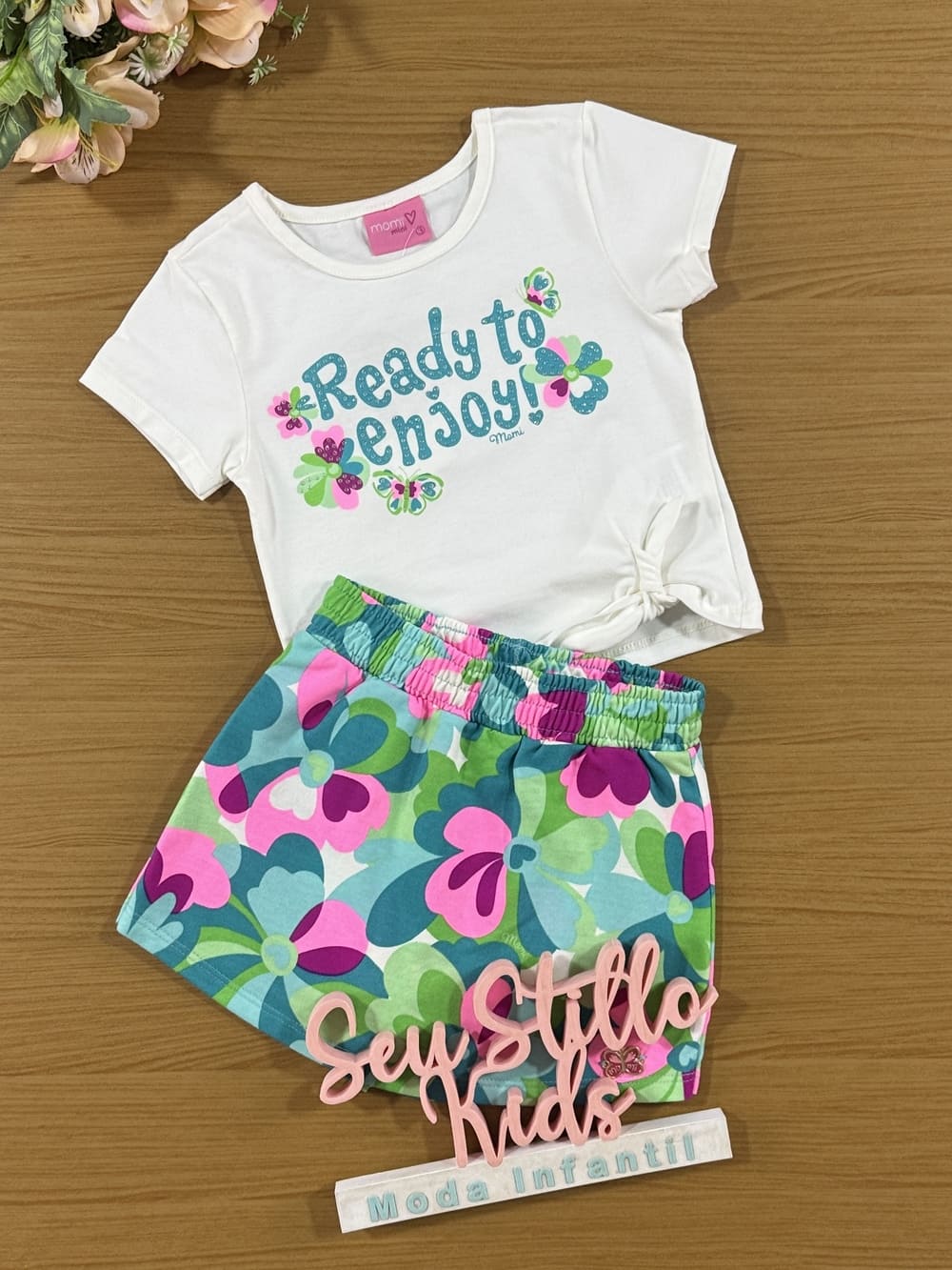 Conjunto Infantil Momi Verão Shorts Saia e Blusa Jardim