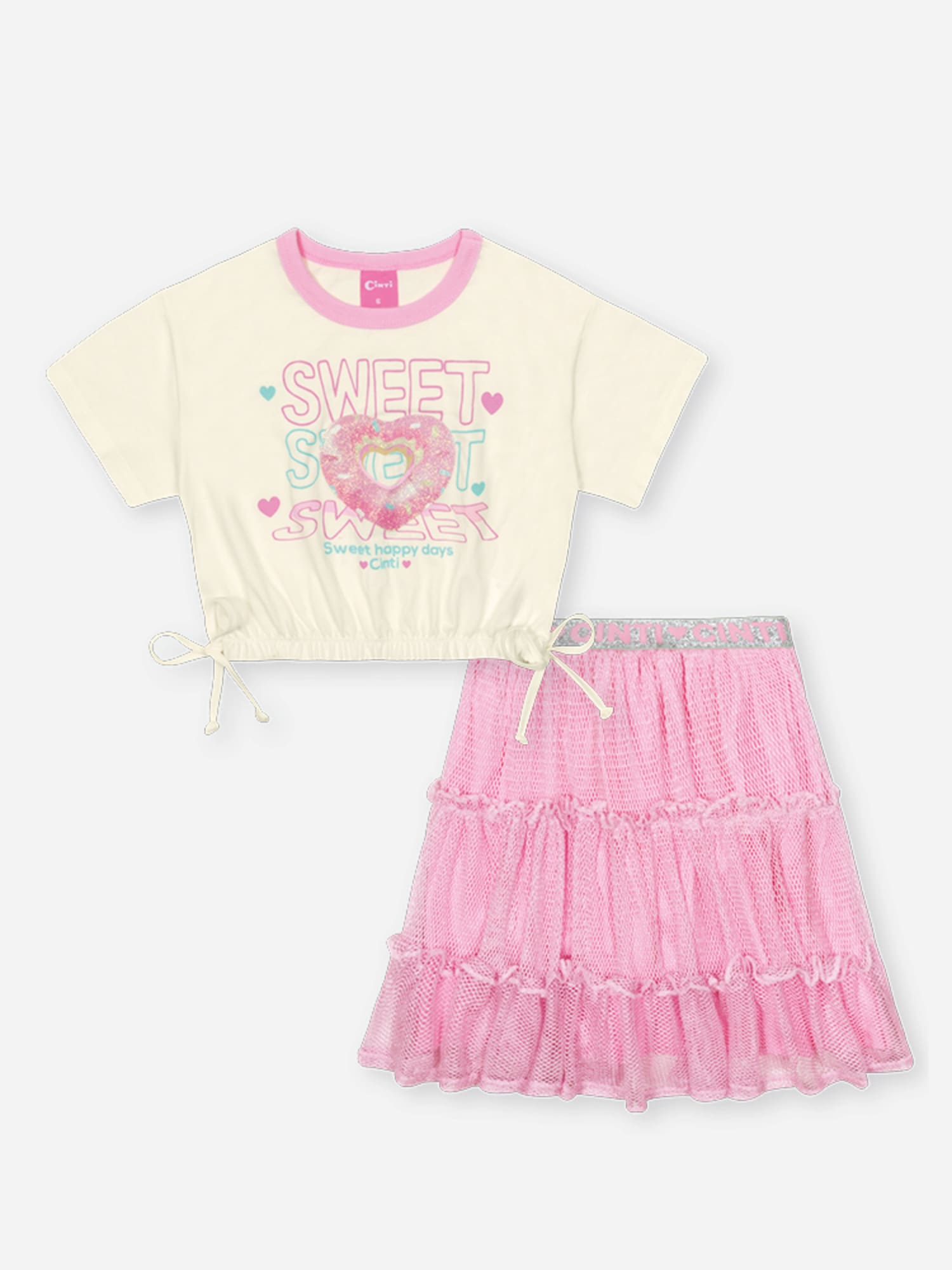 Conjunto Infantil Cinti Verão com Saia Rosa em Tela e Blusa Branca Rosquinha