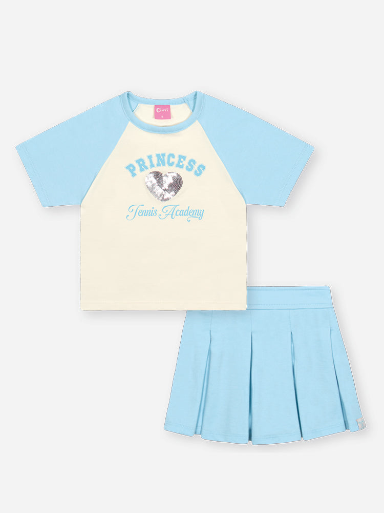 Conjunto Infantil Cinti Verão com Shorts Saia Azul e Blusa Branca Princess