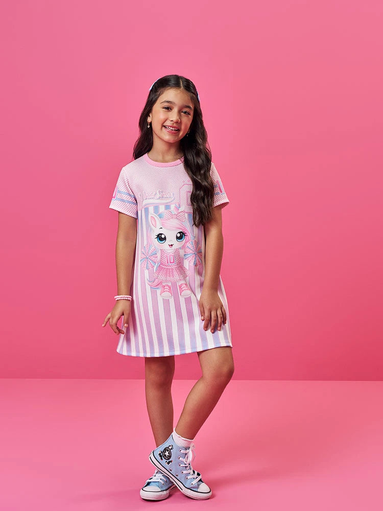 Vestido Infantil Cinti Verão Rosa Listrado Unicórnio World Series