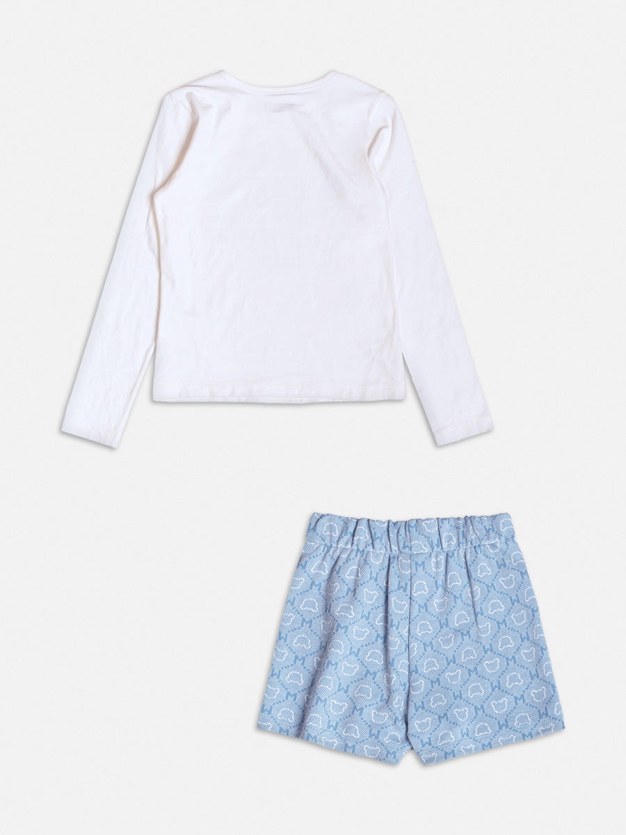 Conjunto Infantil Momi Inverno com Short Saia Azul e Blusa Branca Ursinho