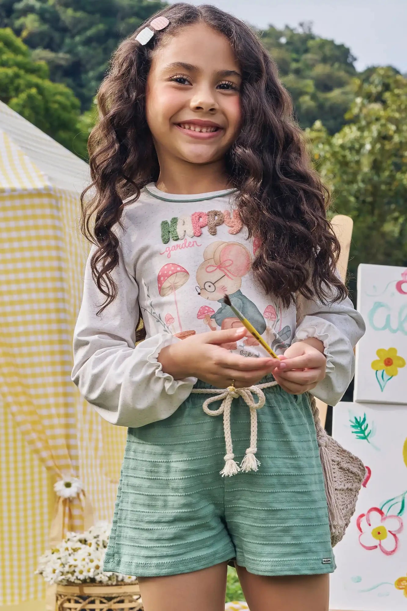 Conjunto Infantil Kukiê Inverno com Shorts Verde e Blusa Manga Longa Happy