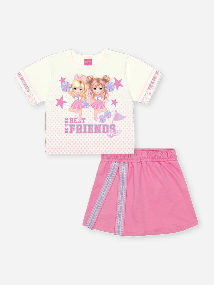 Conjunto Infantil Cinti Verão com Shorts Saia Rosa e Blusa Lider de Torcida Best Friends