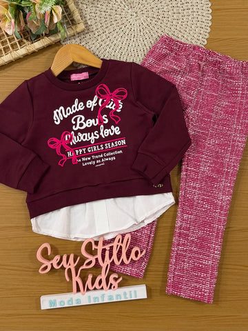 Conjunto Infantil Momi Inverno com Calça Legging Rosa e Moletom sem Flanela Lacinhos