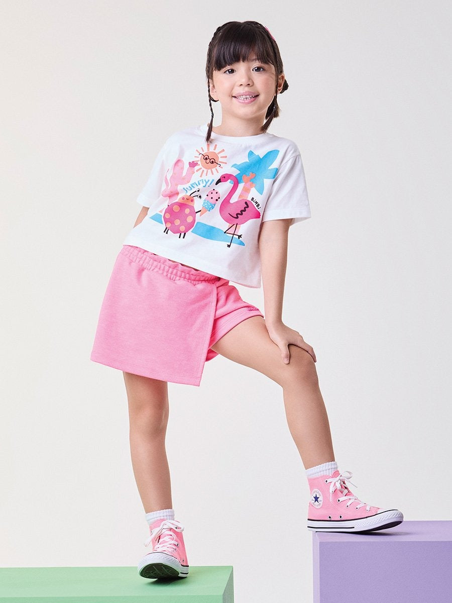 Conjunto Infantil Bimbi Verão com Shorts Saia Rosa e Blusa Branca Flamingo Tropical