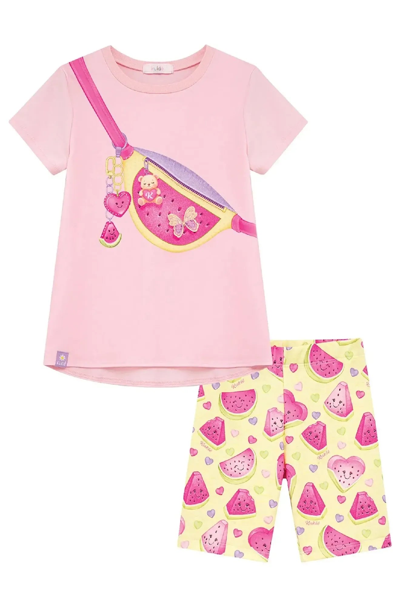 Conjunto Infantil Menina Kukiê com Shorts Amarelo e Blusa Rosa Bolsinha Melancia