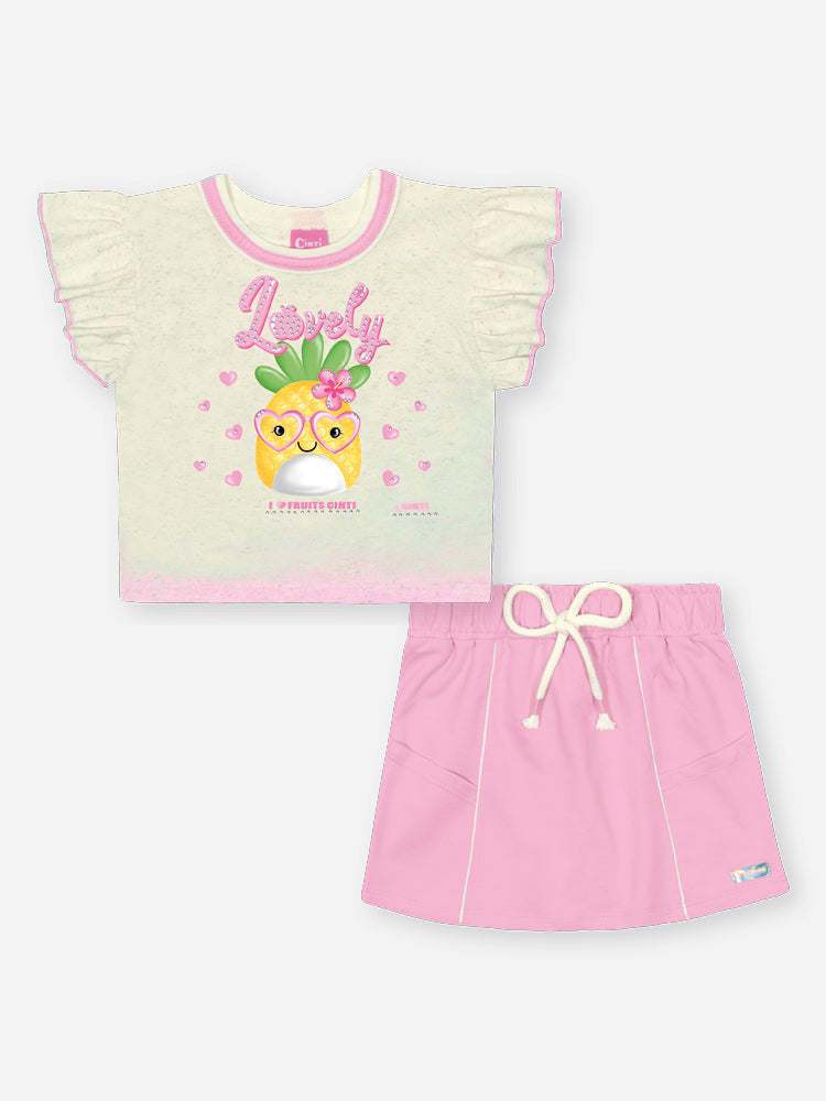 Conjunto Infantil Cinti Verão com Shorts Saia Rosa e Blusa Off White Abacaxi