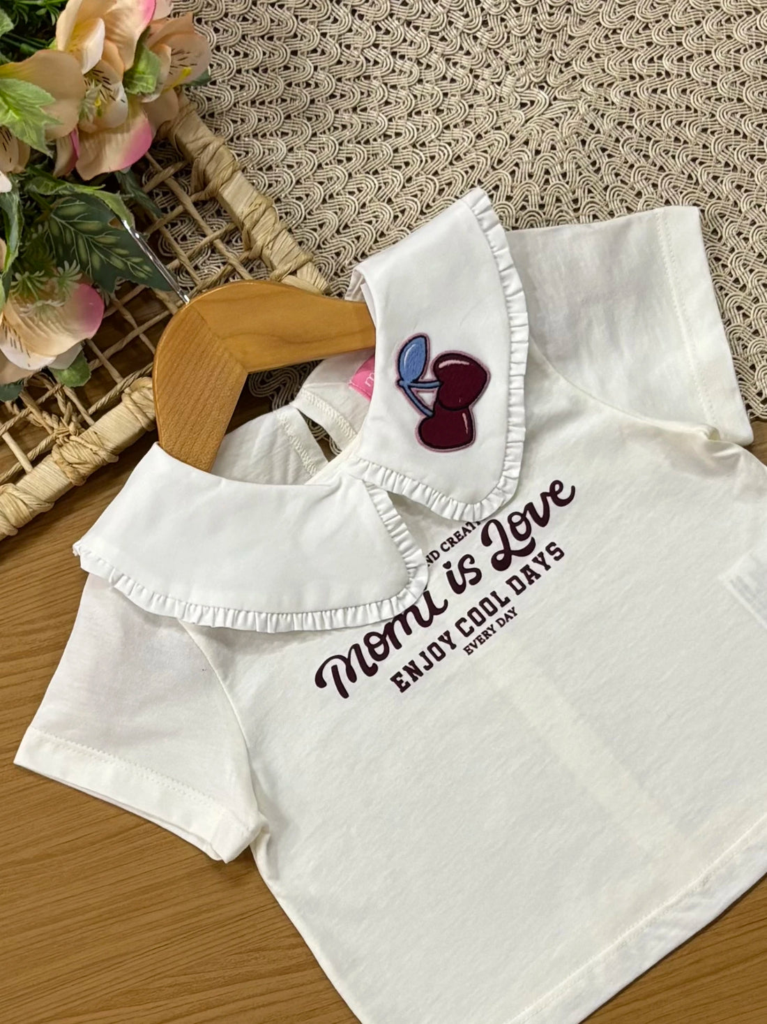 Blusa Infantil Momi Inverno Manga Curta Branca Cerejinha