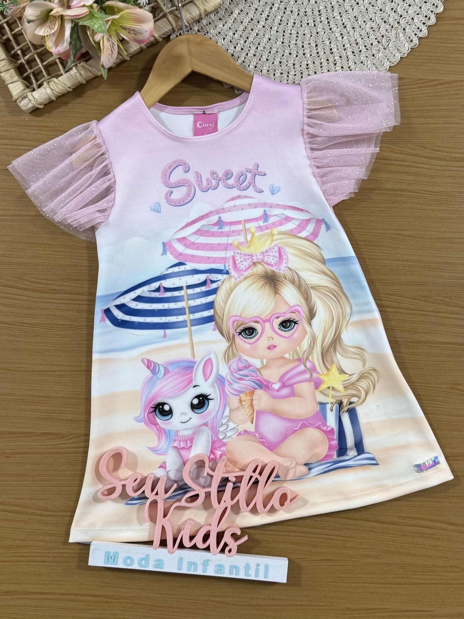 Vestido Infantil Cinti Verão Rosa Unicórnio na Praia