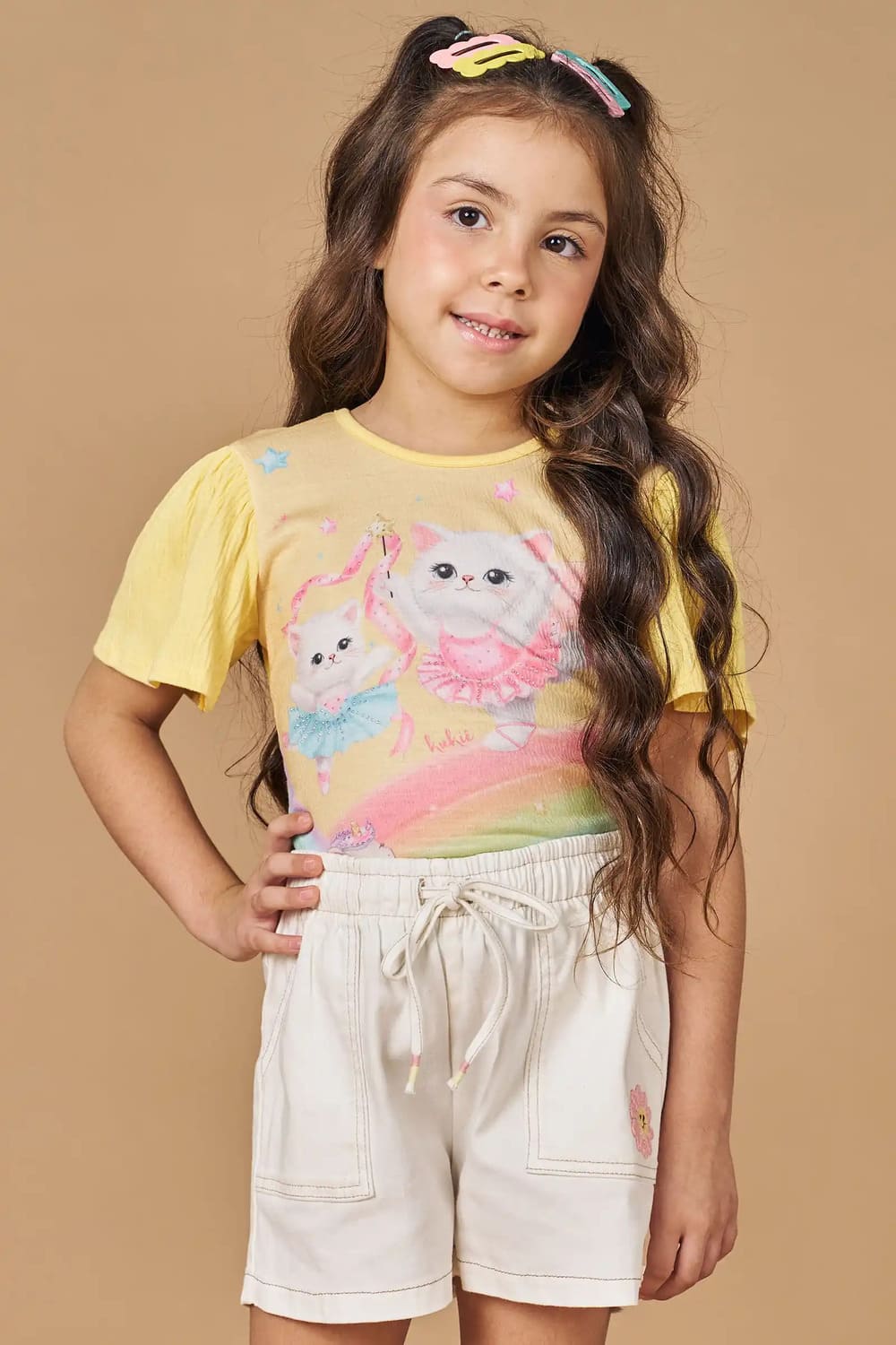 Blusa Infantil Kukie Verão Amarela Gatinha Bailarina