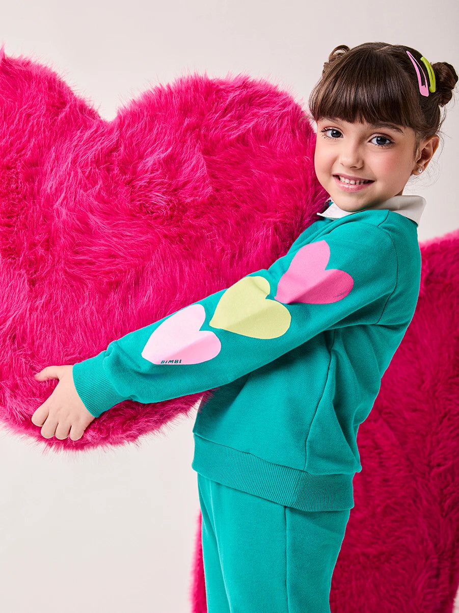 Conjunto Infantil Bimbi Inverno com Calça e Moletom sem Flanela Verde Coraçãozinho