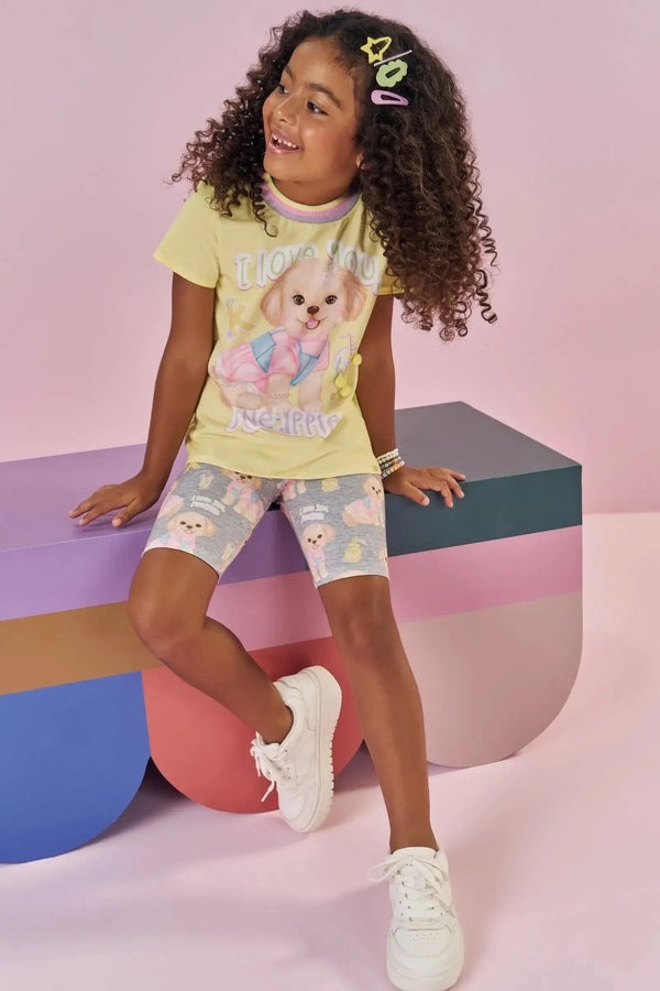 Shorts Infantil Kukiê Verão Ciclista Cinza Cachorrinhas