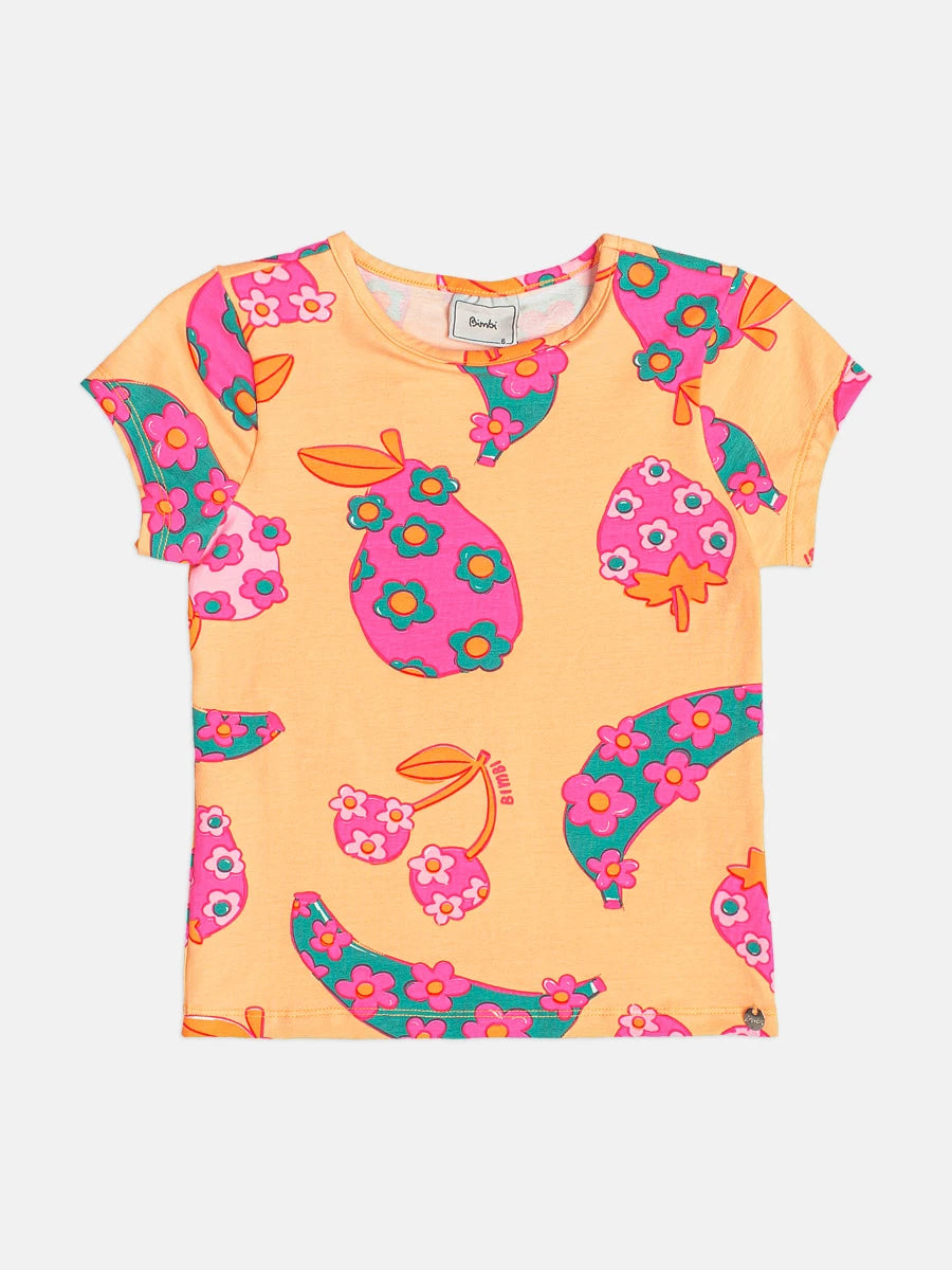 Blusa Infantil Menina Bimbi Laranja Frutinhas Floral