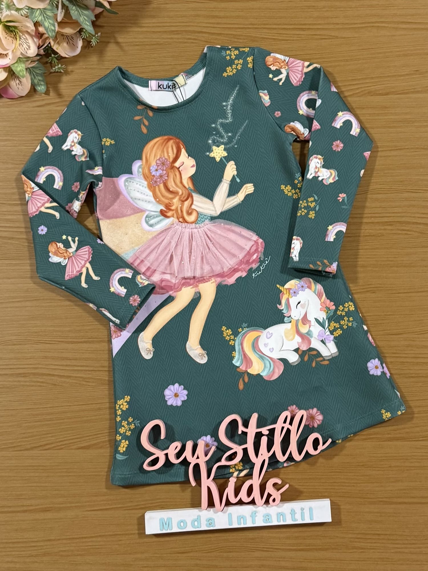 Vestido Infantil Kukiê Inverno Verde Fadinha com Strass