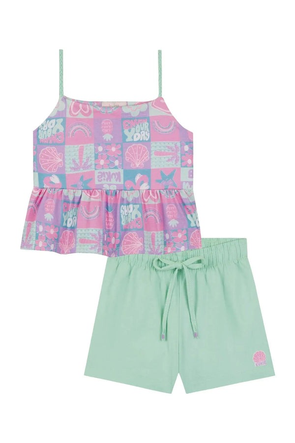 Conjunto Infantil Kukiê Verão com Shorts Azul e Blusa Estampada