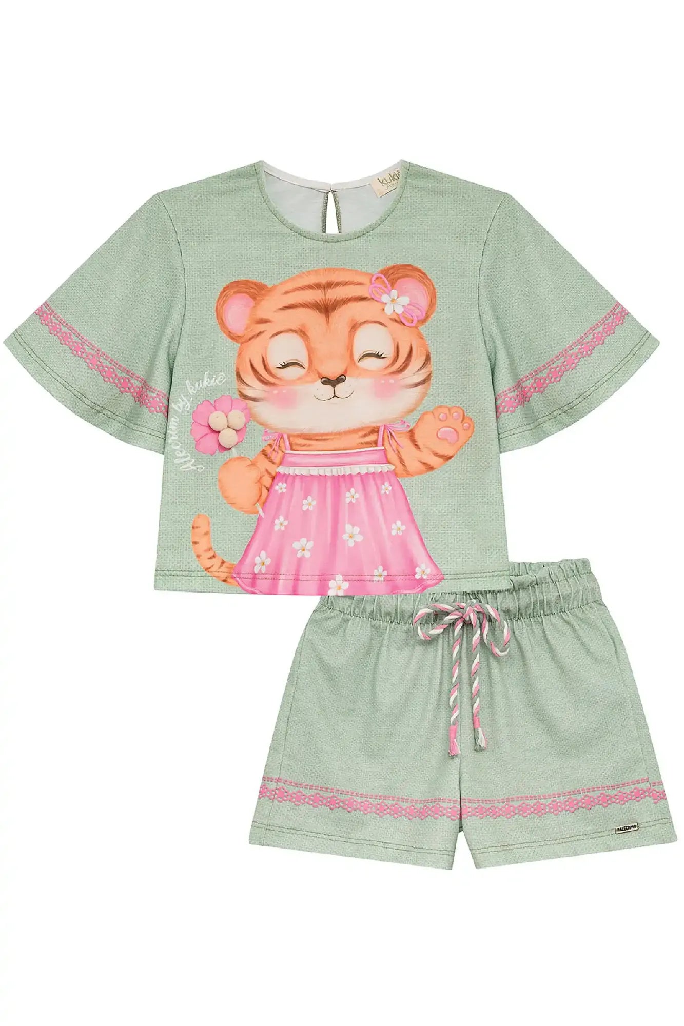 Conjunto Infantil Menina Kukiê com Shorts e Blusa Verde Tigrinha