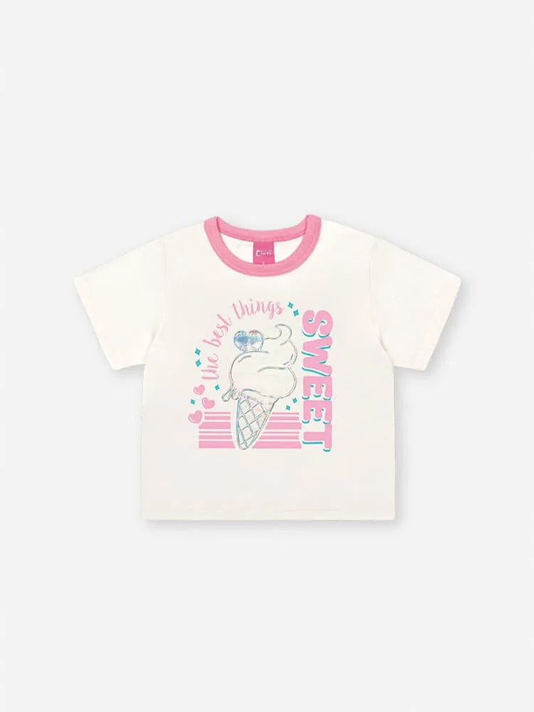 Conjunto Infantil Menina Cinti com Short-Saia Rosa e Blusa Branca Sweet