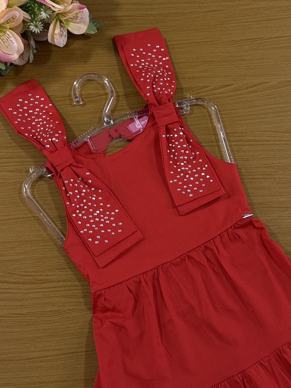 Vestido Infantil Cinti Verão Vermelho com Laços Strass Natal