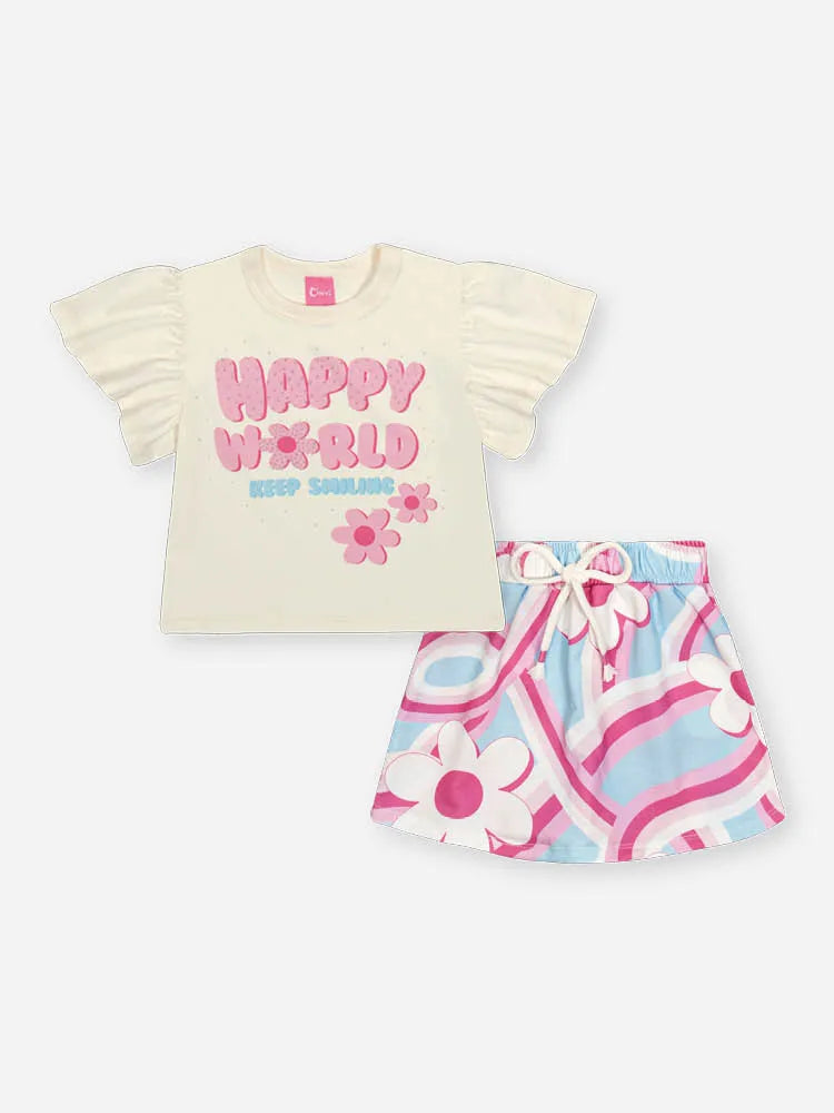 Conjunto Infantil Cinti Inverno Com Shorts e Blusa Manga Curta Branca Flores Happy