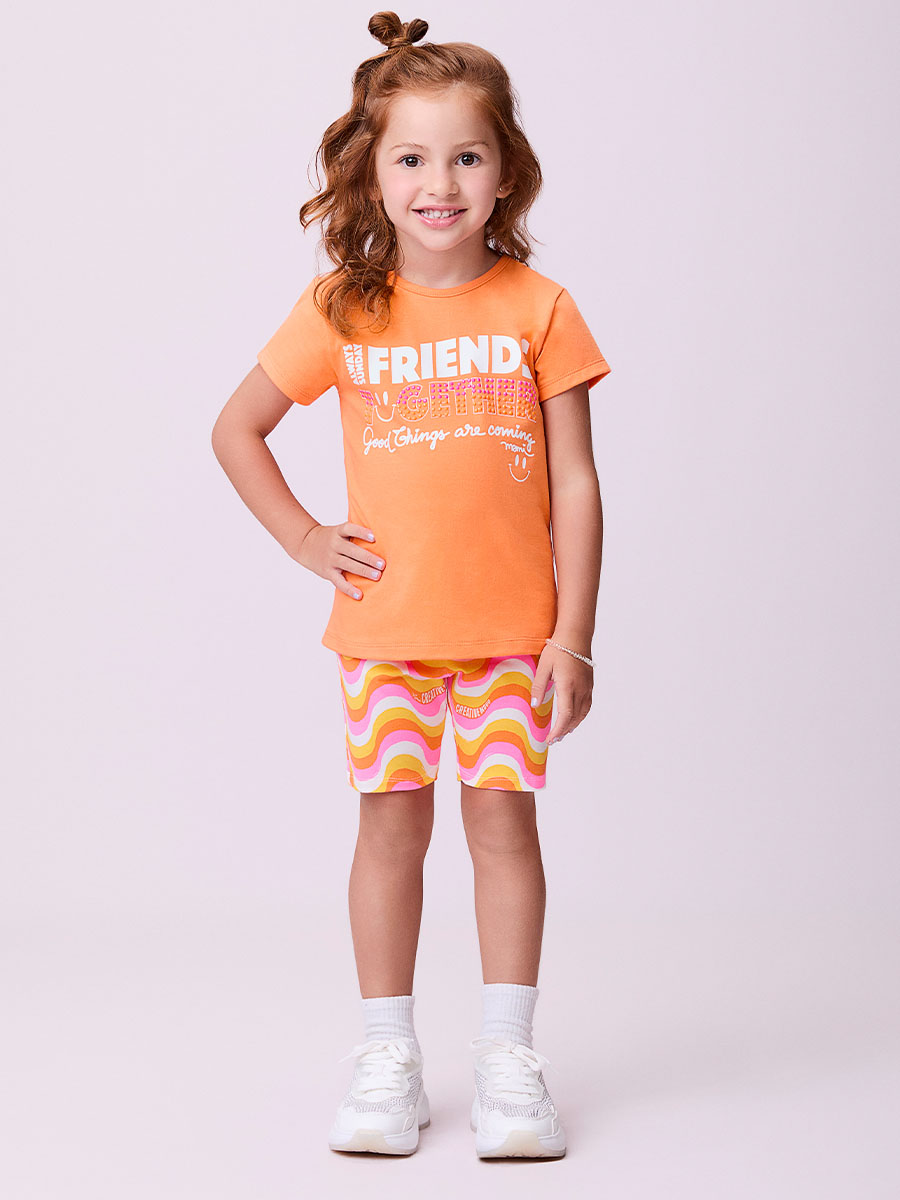 Conjunto Infantil Momi Verão Shorts Ciclista Ondas e Blusa Laranja Friends
