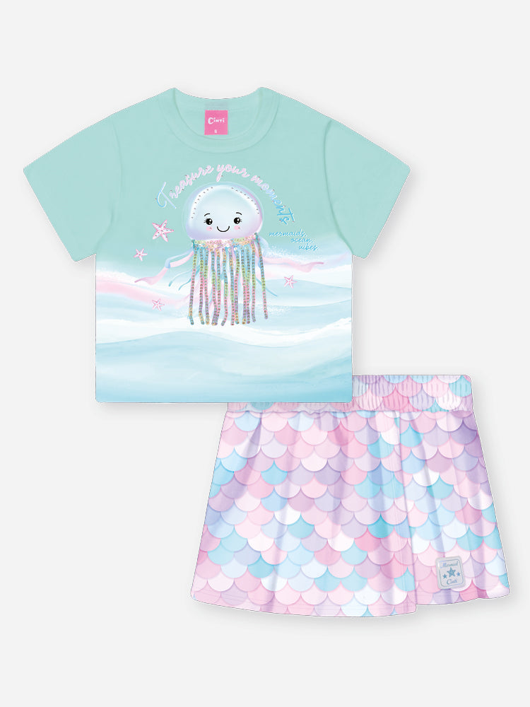Conjunto Infantil Cinti Verão com Short Saia e Blusa Azul Água Viva