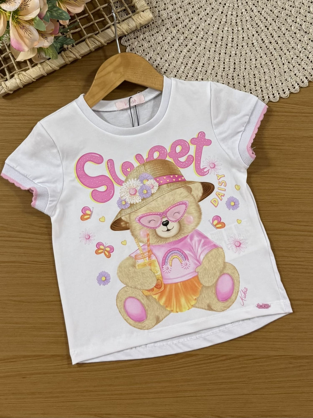 Conjunto Infantil Kukiê Verão com Calça Rosa e Blusa Branca Ursinha Sweet