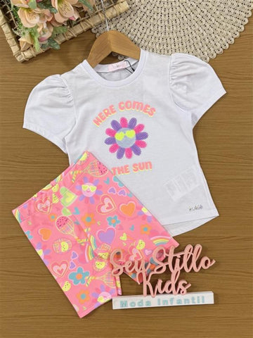 Conjunto Infantil Kukiê Verão com Shorts Ciclista Rosa e Blusa Branca Flozinha