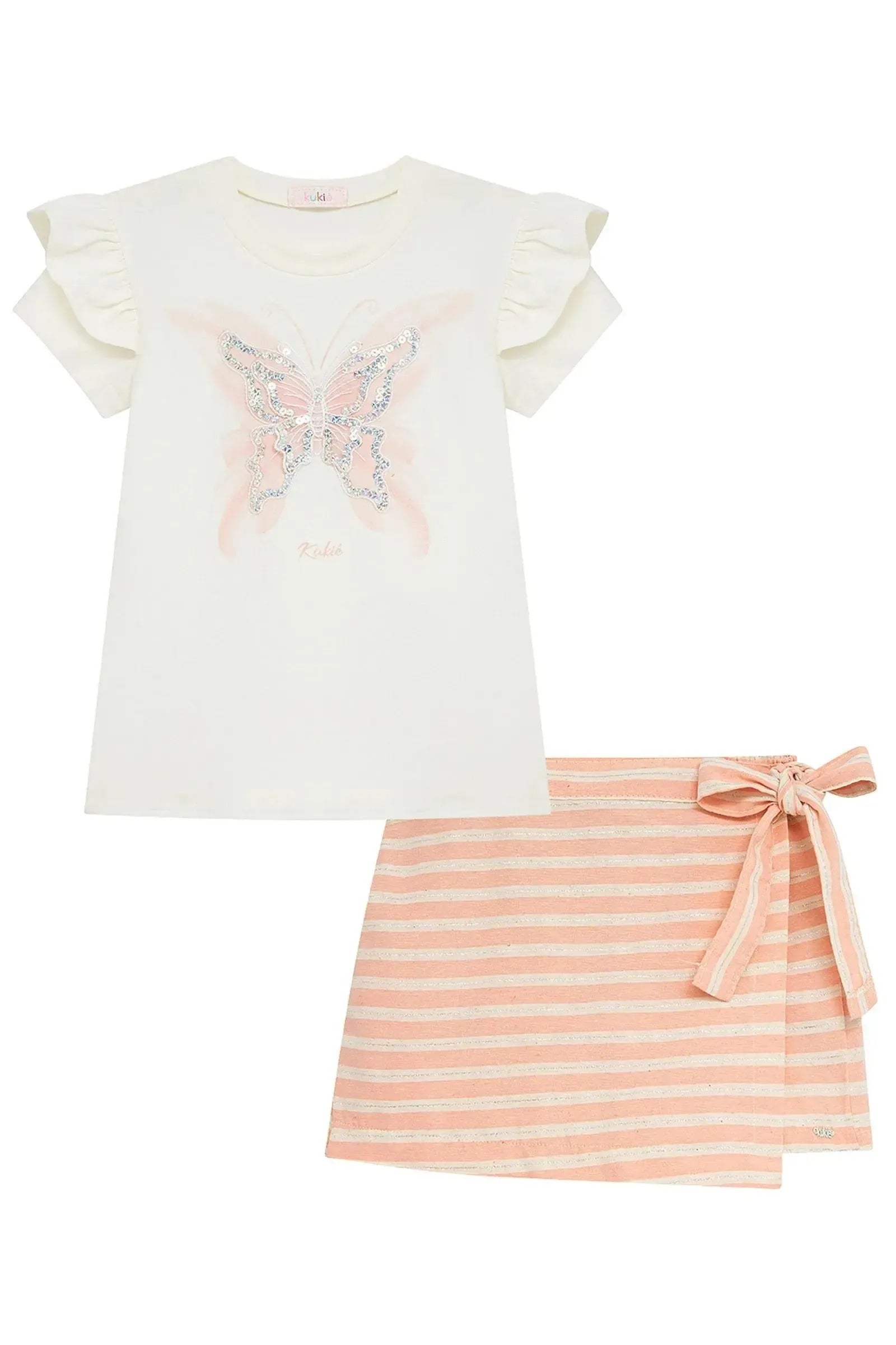 Conjunto Infantil Menina Kukiê com Shorts Saia Listrado e Blusa Branca Borboletinha