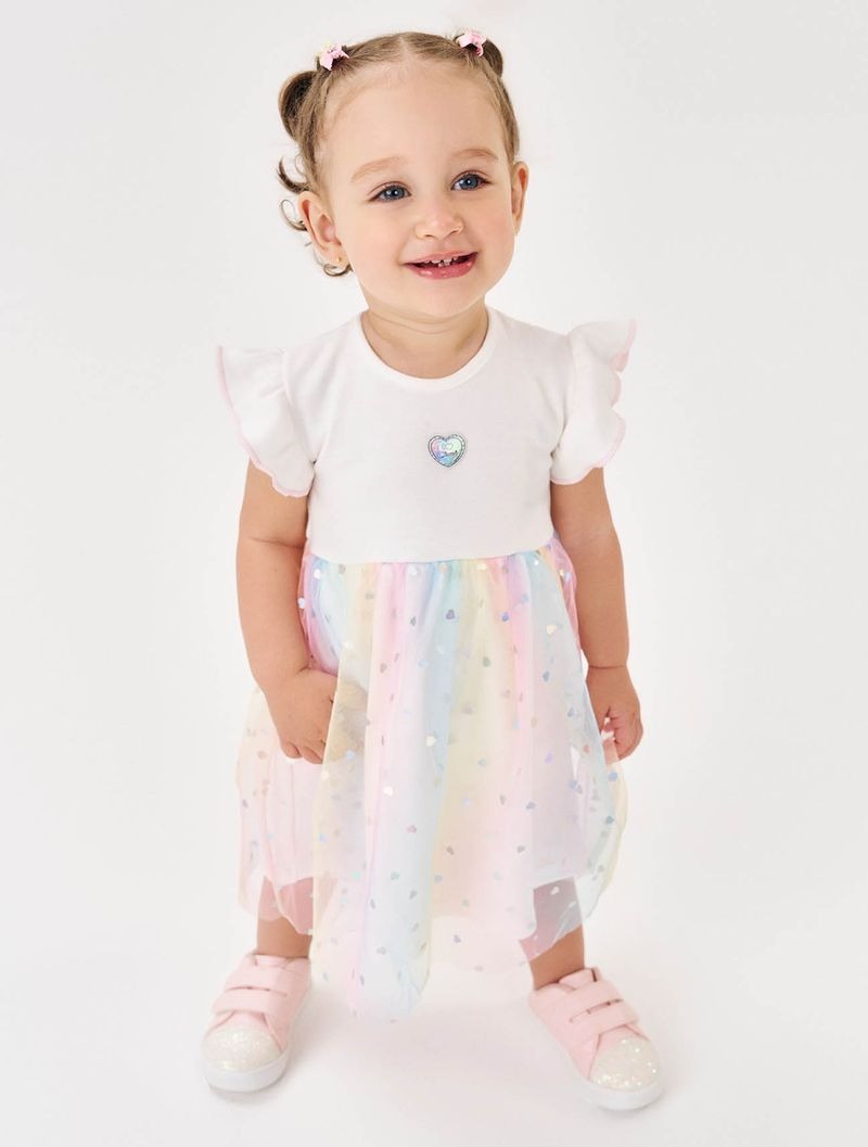 Vestido Infantil Cinti Verão com Tule Corações Arco Íris