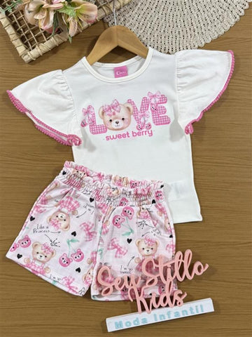 Conjunto Infantil Cinti Verão com Shorts Rosa e Blusa Branca Ursinha Love com Strass