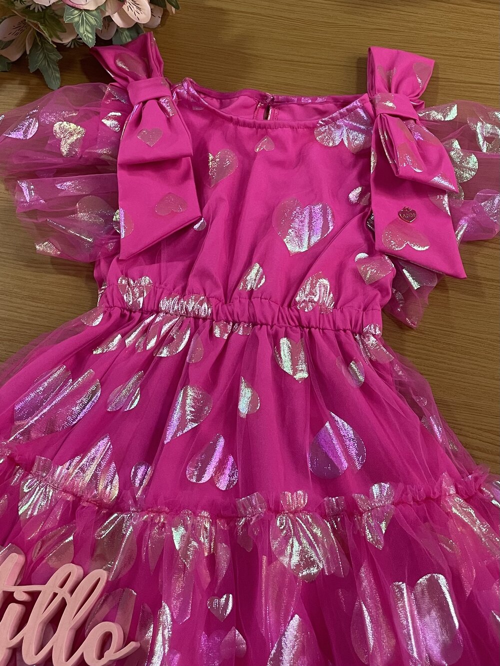 Vestido Infantil Animê Verão Tule Corações Pink