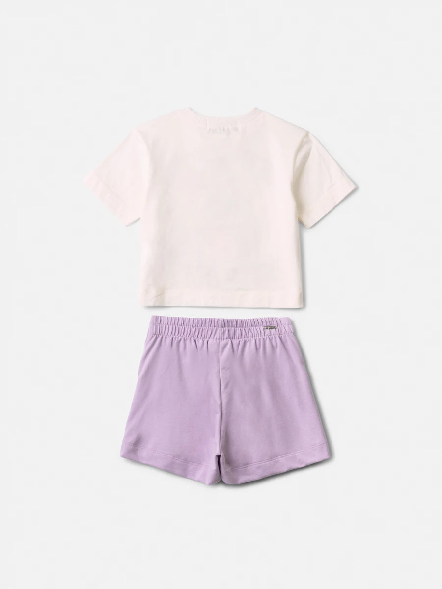 Conjunto Infantil Menina Animê com Shorts Saia Lilás e Blusa Princesas Strass