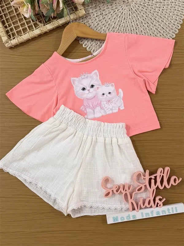 Conjunto Infantil Kukiê com Shorts Branco e Blusa Laranja Gatinha Princesa