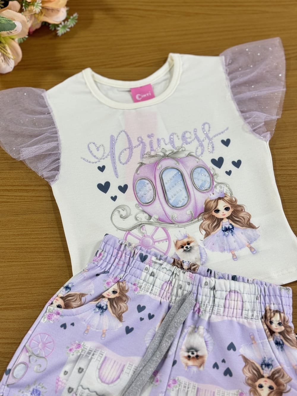 Conjunto Infantil Cinti Verão Shorts Lilás e Blusa Princesa