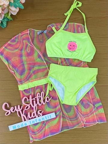Biquíni Infantil Kukie Verão Com Saída Praia e Piscina Tule Emoji Neon
