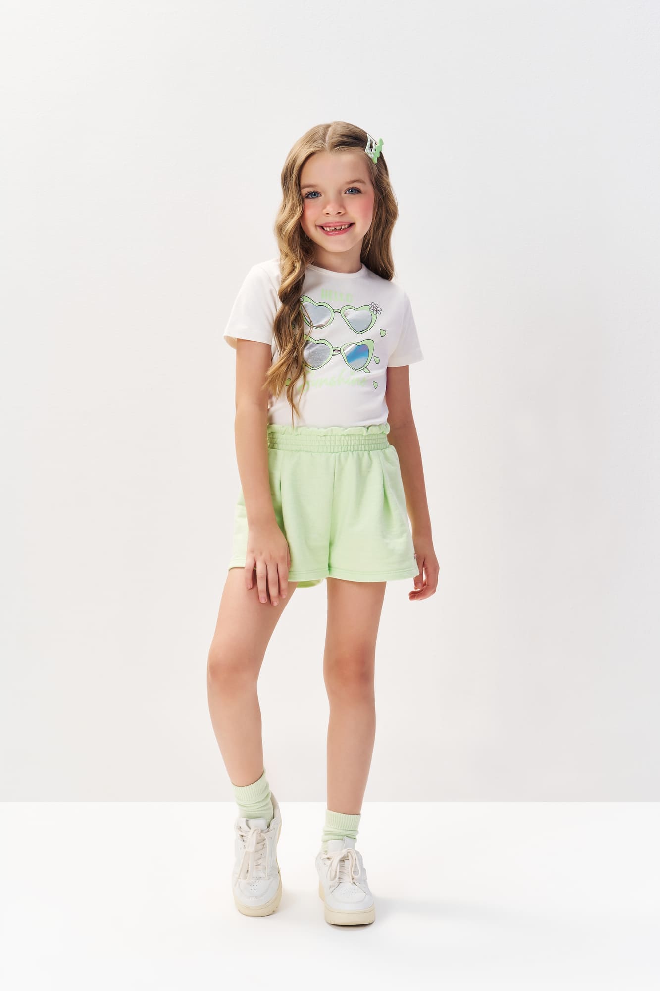 Conjunto Infantil Cinti com Shorts Verde e Blusa Hello Sunshine
