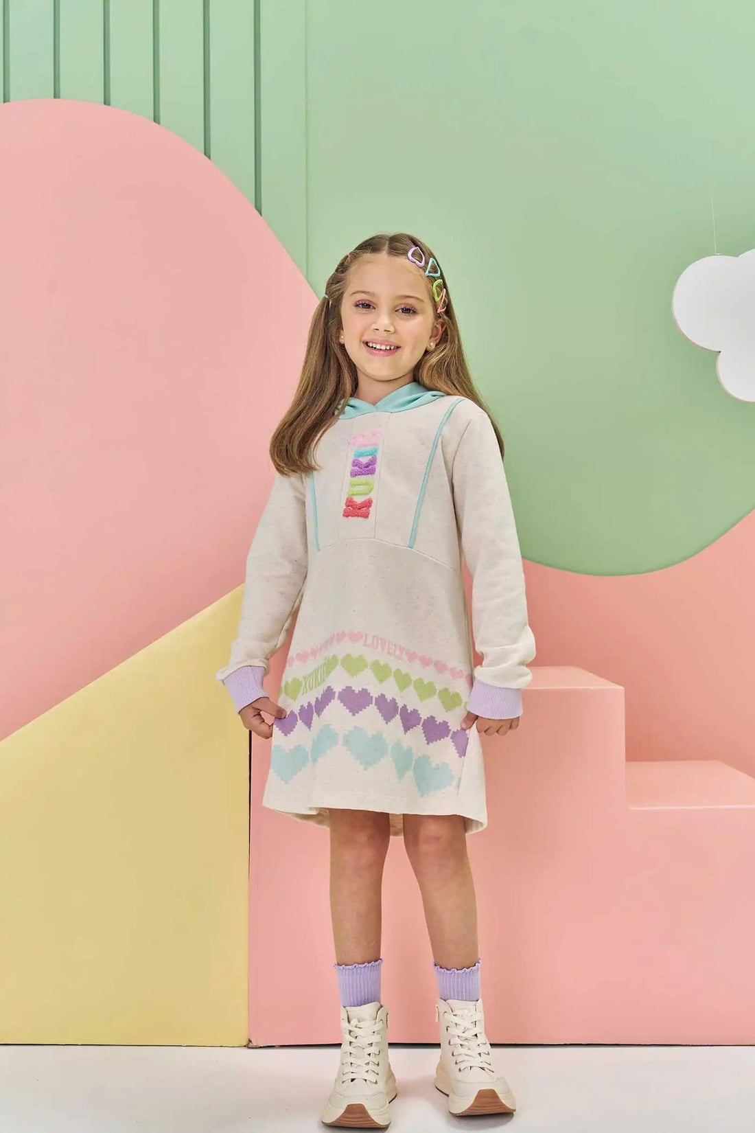 Vestido Infantil Kukie Inverno Off White Corações